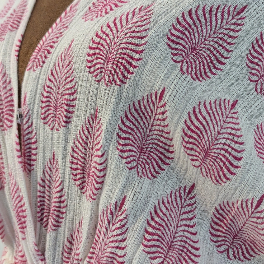 Elan Wrap Maxi Cover-Up Tunic Caftan White Pink Tropical Leaf Print Elastic, XS - Picture 10 of 10